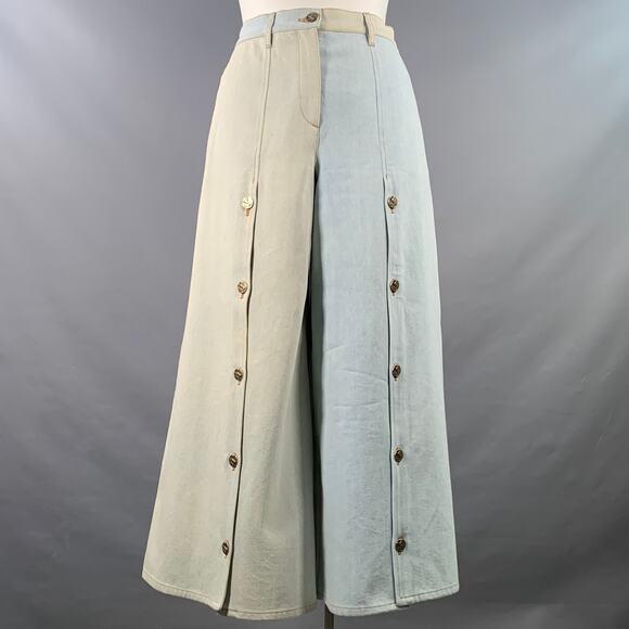 CHANEL Size 10 Blue Grey Cotton Button Up Wide Leg Casual Pants - Picture 1 of 8